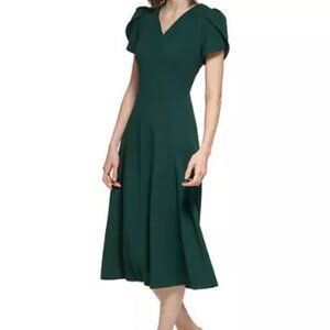 Calvin Klein Tulip Sleeve Fit and Flare V-Neck Work Dress, Green